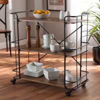 Baxton Studio SR192044L-Rustic Brown/Black-Cart Neal Rustic Industrial Style Black Metal and Walnut Finished Wood Bar and Kitchen Serving Cart